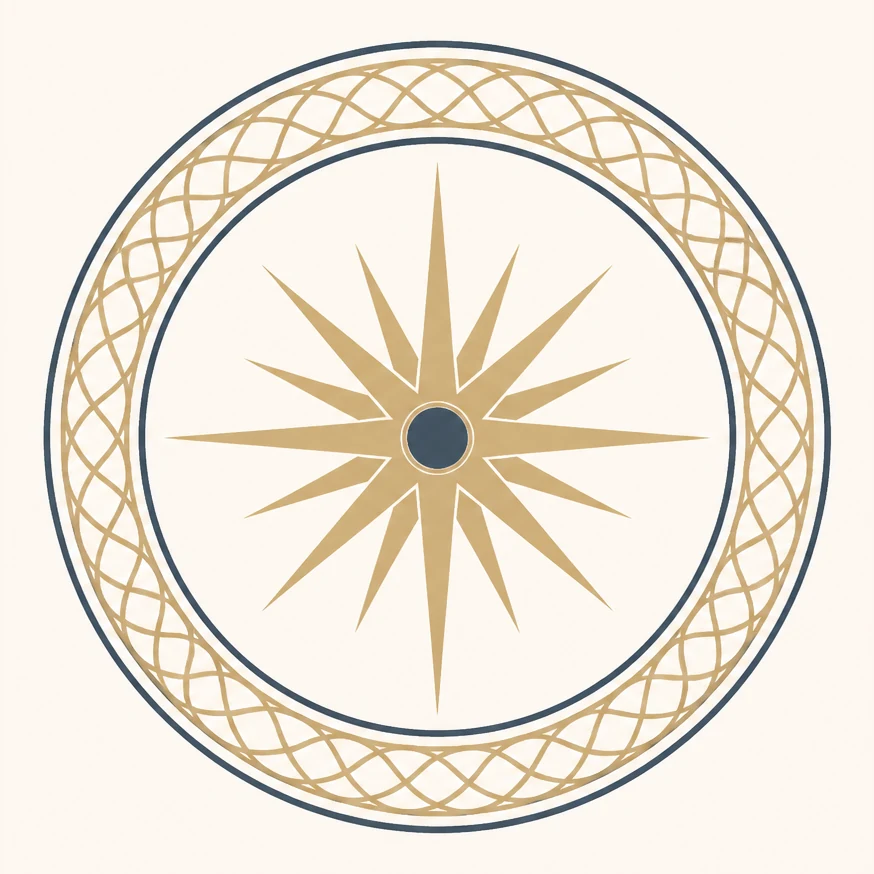 Indicative emblem: a starburst within a guilloche ring