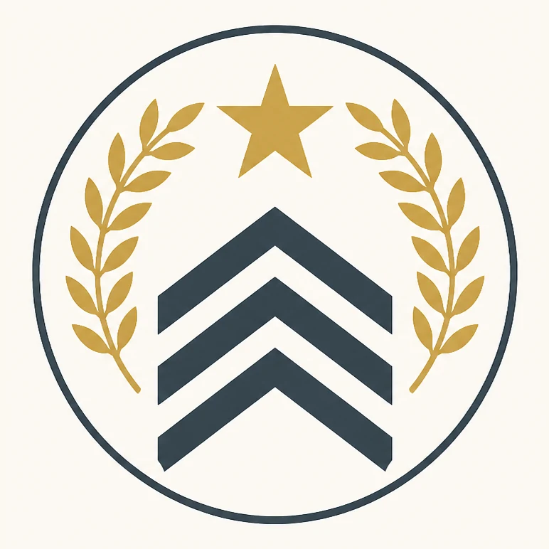 Indicative emblem: a star and chevrons between laurel sprays