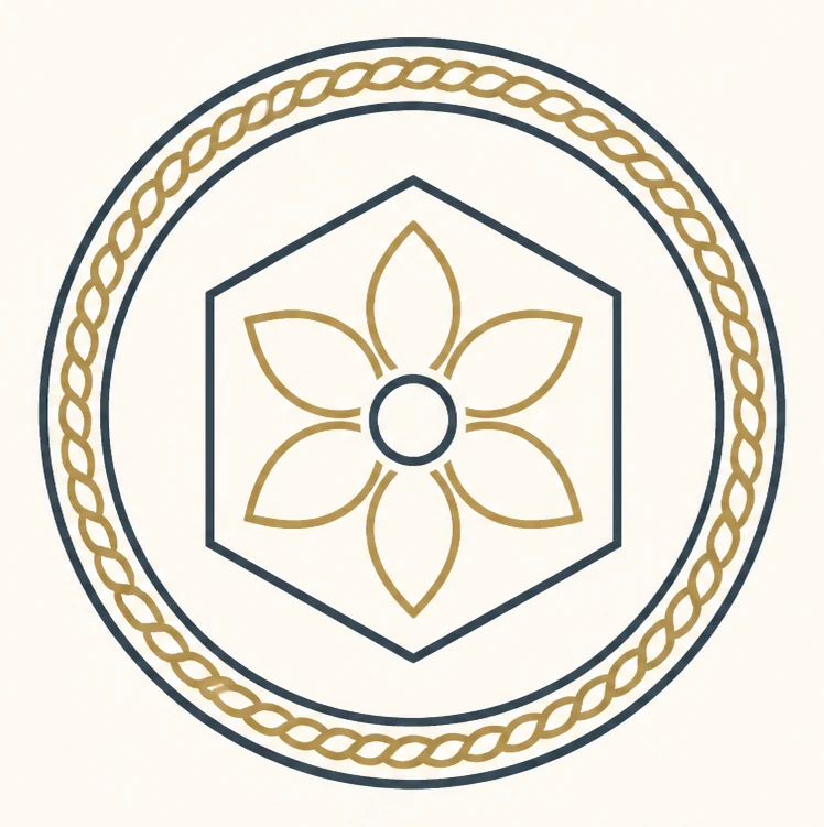 Indicative emblem: a rosette within a hexagon and rope ring